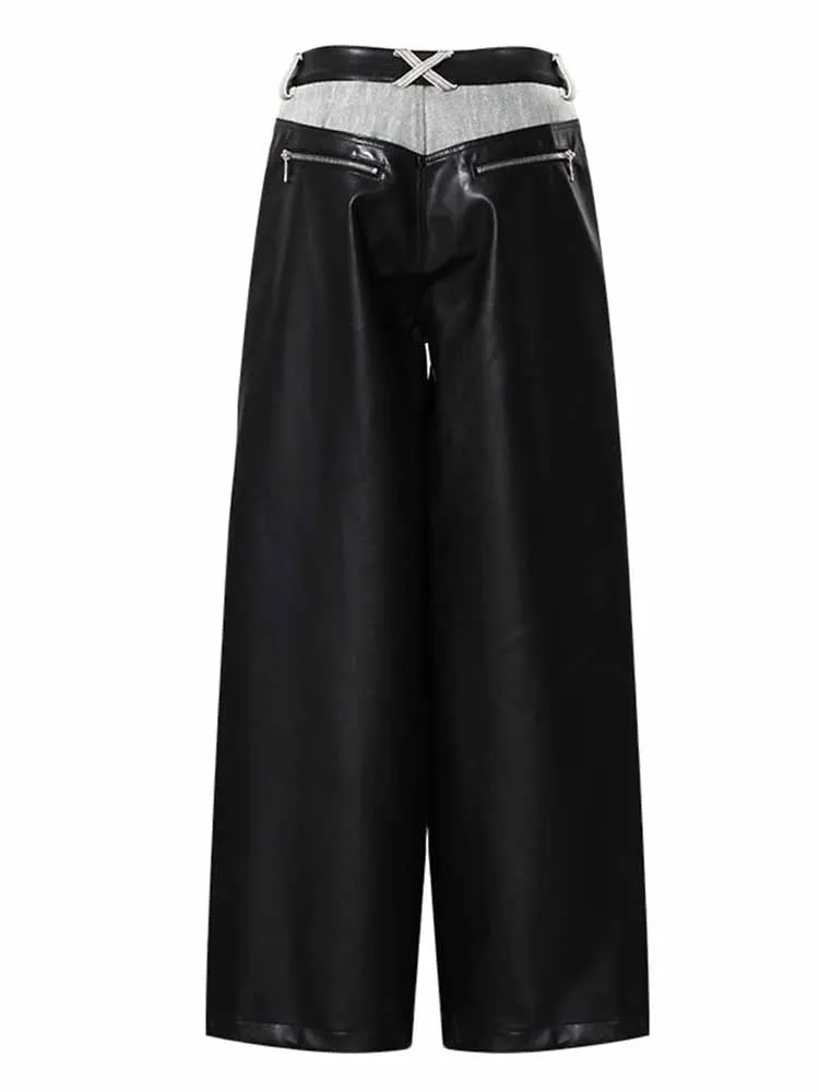 BKQU Vintage cuir Patchwork Baggy jean femmes Unique contrasté taille haute fermeture éclair jambe large Denim pantalon 2025 Chic Streetwear