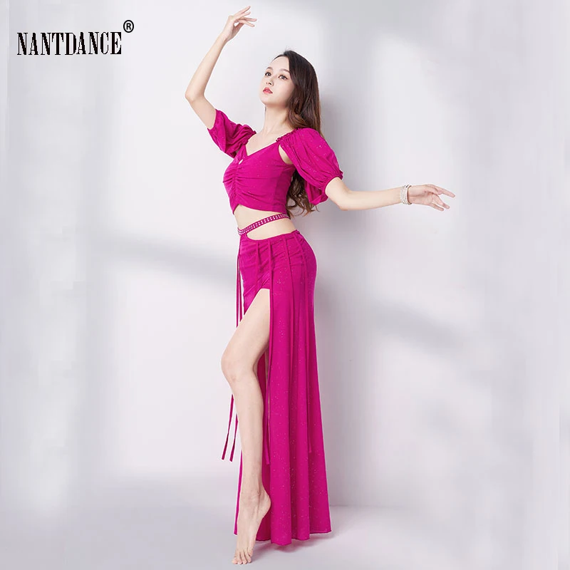 Belly Dance Practice Suit for Women Half Sleeves Top+Long Dress Set Beginner Oriental Dance Suit Performance Team Suit Girl