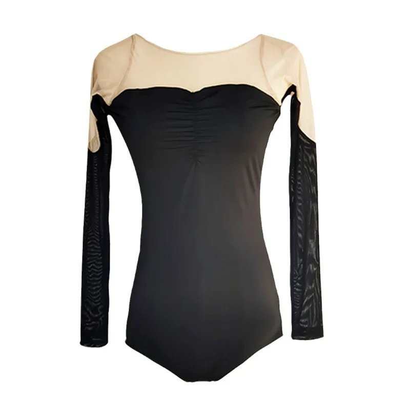 Woman Ballet Leotards Hollow Out Long Sleeve Nylon Mesh Splice Ballet Dance Wear Adult Gymnastic Dance Costumes Swimwear