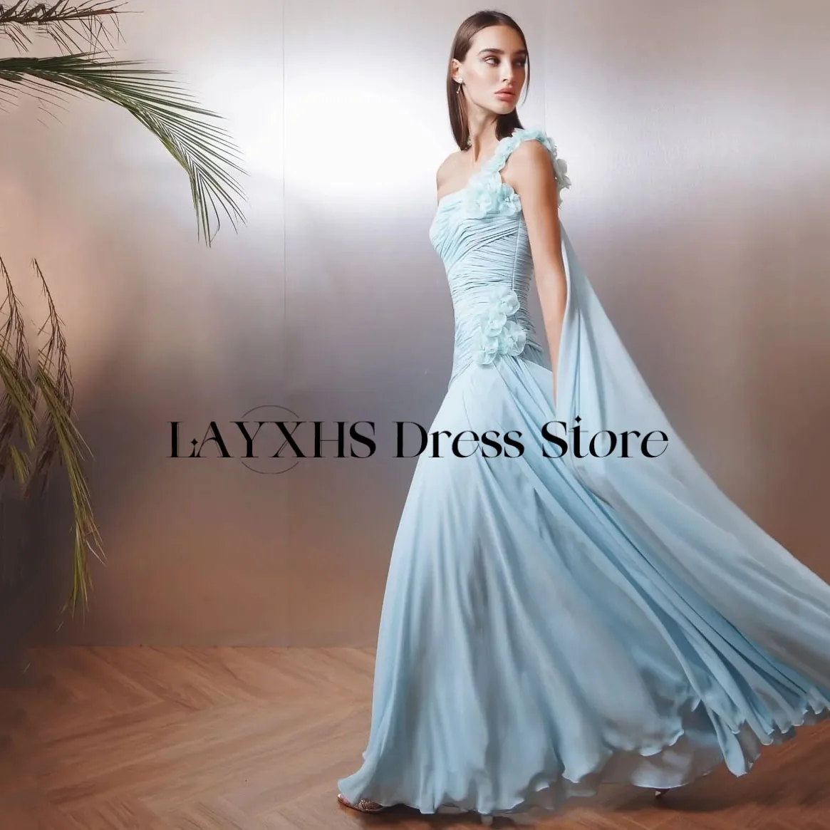 LAYXHS Exquisite blaue One-Shoulder-Abendkleider mit 3D-Blumenfalten für Damen, Party-Abschlussball-Kleider, individuell gestaltet