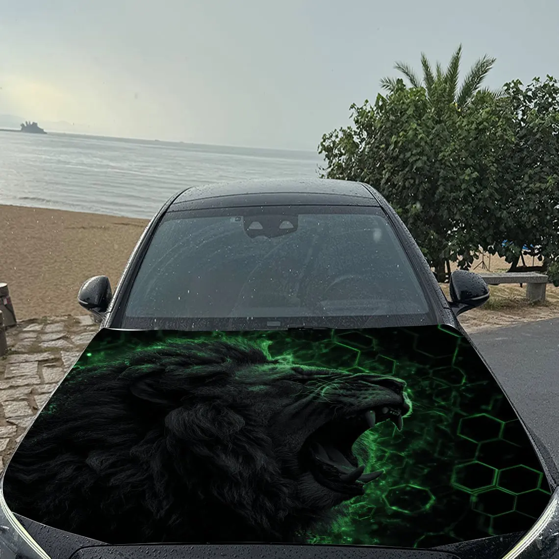 غلاف فينيل للسيارة باللون الأخضر - Shining Sci - Fi Lion Roaring، ملصق غطاء السيارة المقاوم للماء من مادة PVC، ذاتي اللصق ومقاوم للخدش