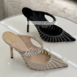 Mesh Crystals Elegant Pointed Toe Slippers Female Fashion Satin Outdoor Thin High Heels Mules Women Casual Chic Party Slippers
