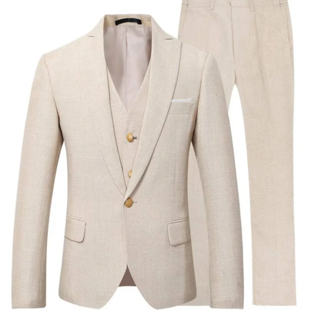 3 Pieces New Design Beige Linen Suit for Men Formal Wedding Prom Set Slim Fit Jacket Best Man Groom Tuxedos Costume Homme