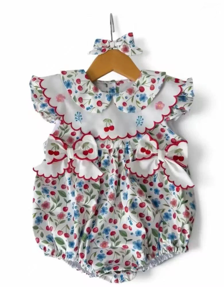 Summer Baby Girl Cherry Print Bubble Romper Fly Sleeve for Birthday Party Photography Casual B686