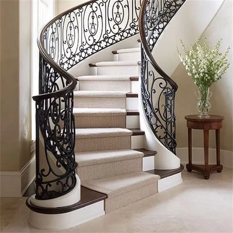 European Style Wrought Iron Staircase Railing Customized Indoor Attic Fence Hand Forged Balcony Spiral Staircase