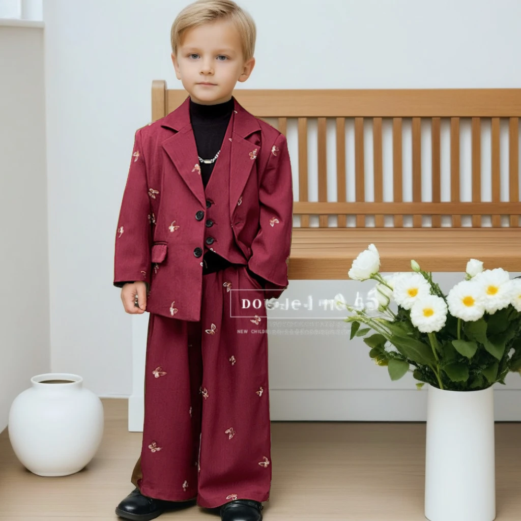 

2-12 Years Autumn School Boys Suit Butterfly Embroidered British Style Blazer Kids Formal Wear Performance Costumes for Children