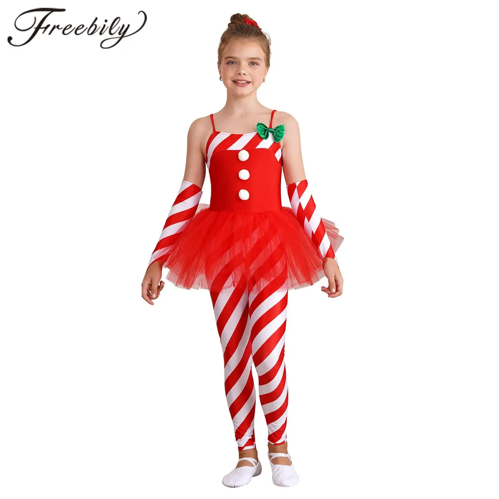 

Kids Girls Christmas Dance Bodysuit Santa Claus Cosplay Jumpsuit Candy Cane Costume Stripes Unitard Sleeveless Ballet Leotards