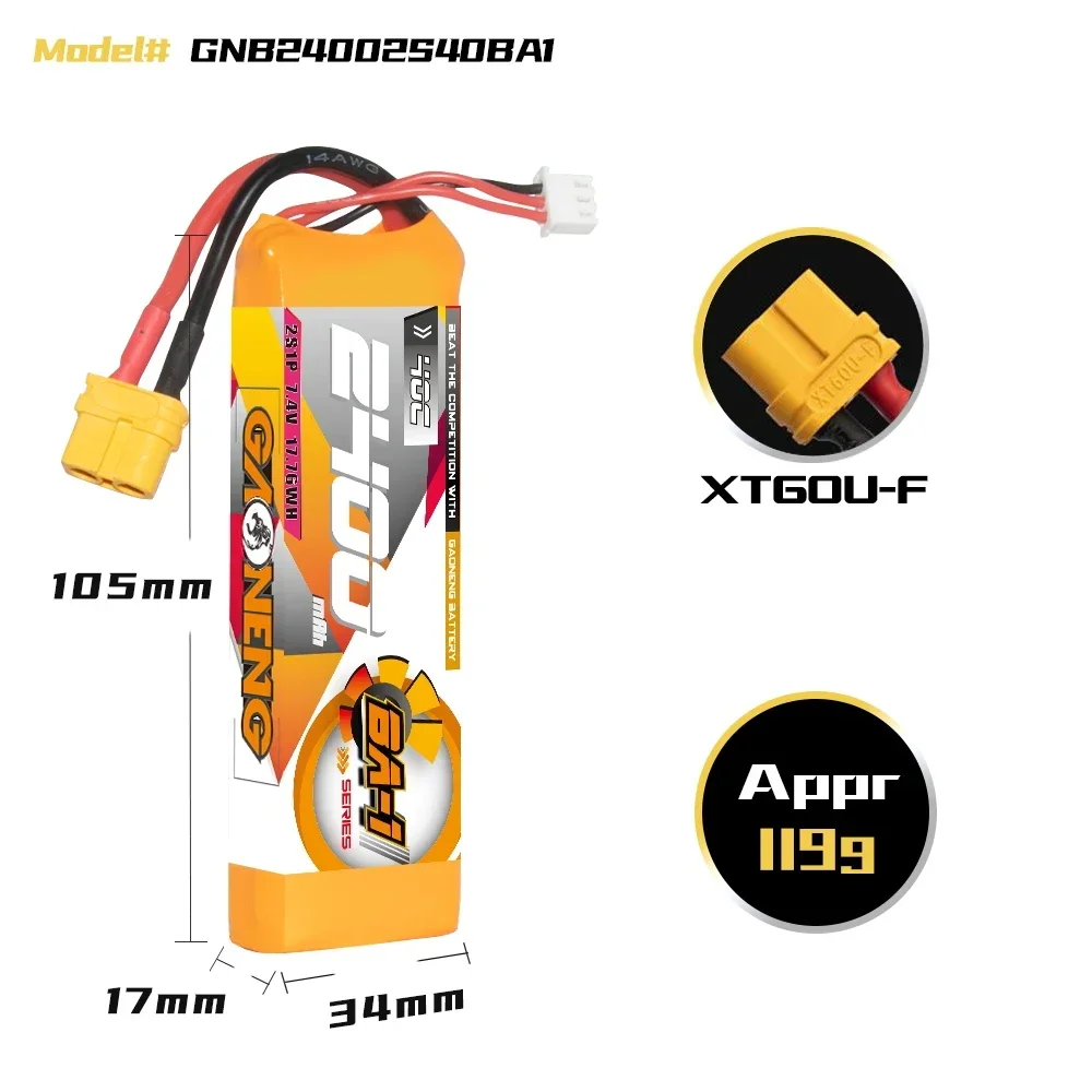 GAONENG GNB BA-1 2400mAh 2S 40C 80C 7.4V XT60 LiPo Battery RC Boat RC Car E-flite Valiant Parkzone E4F Wildcat 3D Aircraft