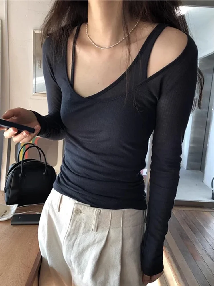 Korean Fashion Women T Shirts Autumn French Style Sexy Two Pieces Irregular Ladies Tops Off Shoulder T-shirt