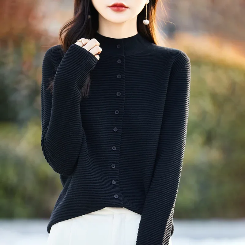 Осень-зима, Новое поступление, женский вязаный шерстяной свитер, полувысокий воротник, ребристый однотонный кардиган, верхняя одежда, топ