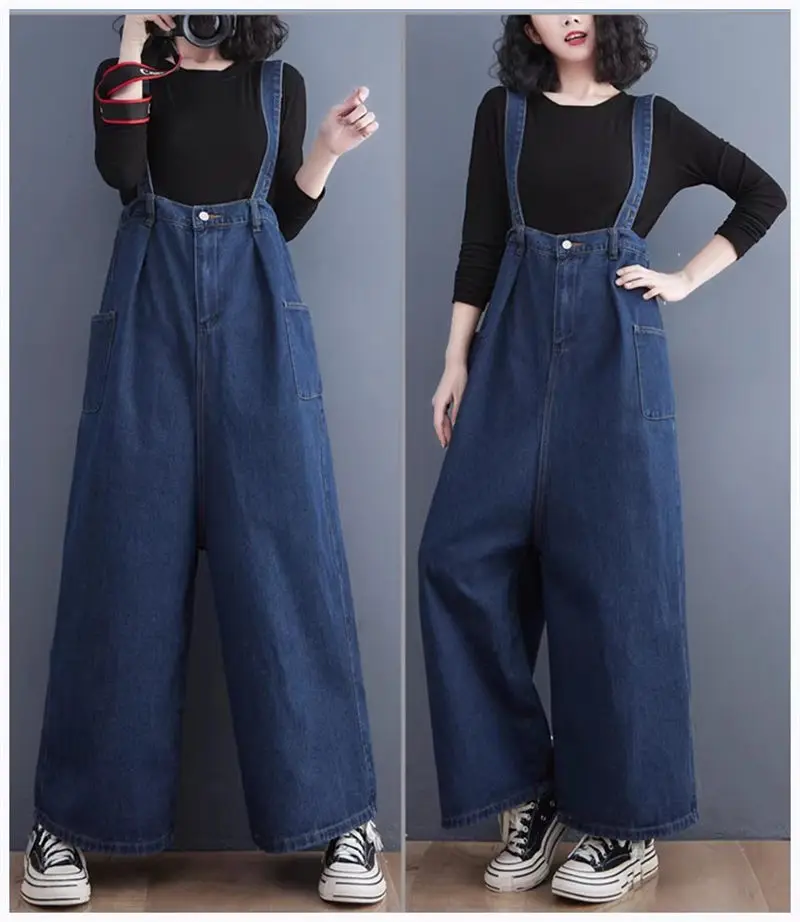 

Literary And Art Casual Denim Strap Pants Women's Autumn Simple Loose Large Size Slim Wide Leg Trousers Jeans Jumpsuit z2956