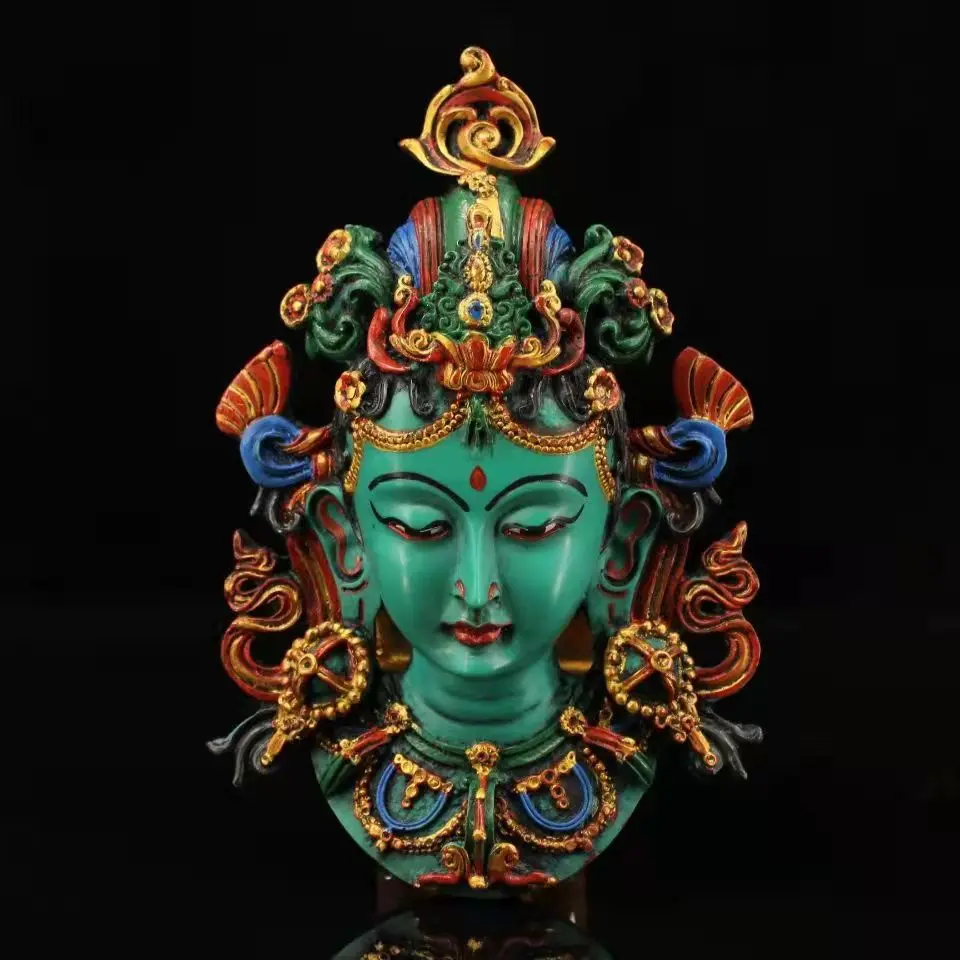 Chinese old Tibet Tibet received hand-painted lacquer green Tara head mask can hang personality antiques appreciate good things