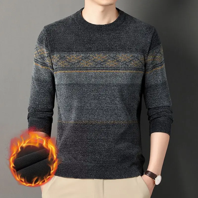 

Middle Age Printing Plus Fleece Thicken Sweater Round Neck Men New Long Sleeve Anti-Pilling Casual Knitted Pullover Tops JJ303