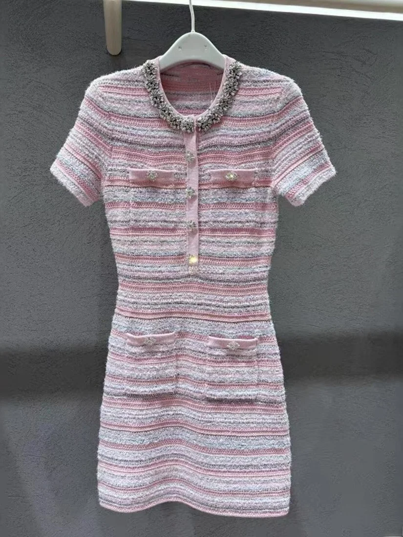 High-End Version European Style Pink Small Fragrance Wind Heavy Drill Decorated Knitted Outerwear Cardigan Top Dress Short Sk...