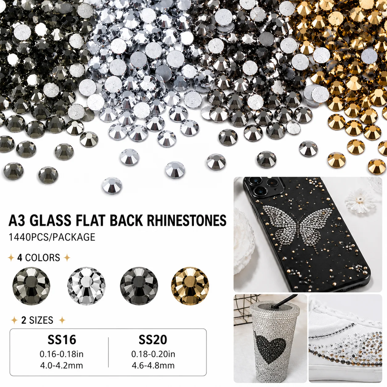 A3 Glass Flatback Rhinestones Hematite Mine Silver Black Diamond Mine Golden SS16-SS20 1440Pcs Non Hotfix for Nail Shoes DIY