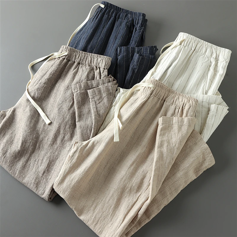 

Men's Summer Casual Striped Linen Pants Elastic Waist Youthful Energy Sle mid Waist Long Trousers Trendy Island Country Design