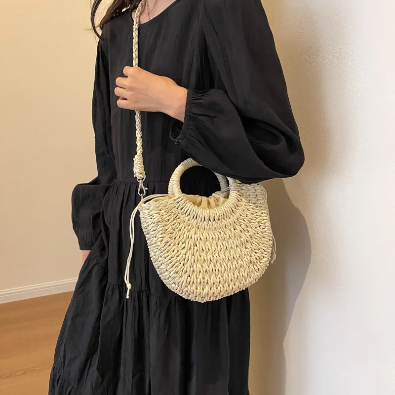 New Korean Women's Fashion Vintage Handmade Half-Round Rattan Woven Straw Tote Bag Summer Messenger Crossbody Bags Beach Handbag