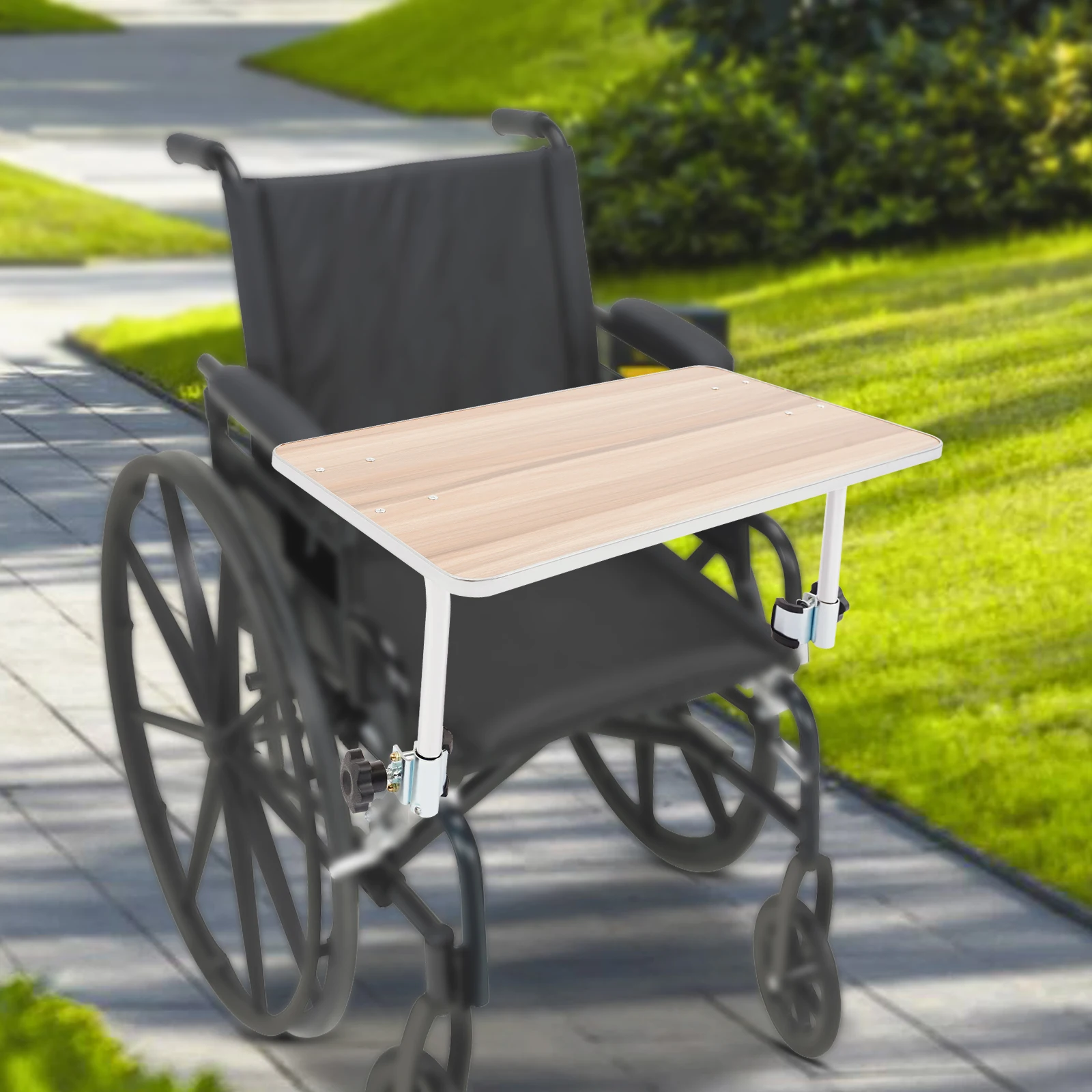

Coffee Color Wood Wheelchair Tray 22.44x11.81in, 15mm Thick, Metal Fasteners & Steel Support, Fits 18.11in Armrest Wheelchairs