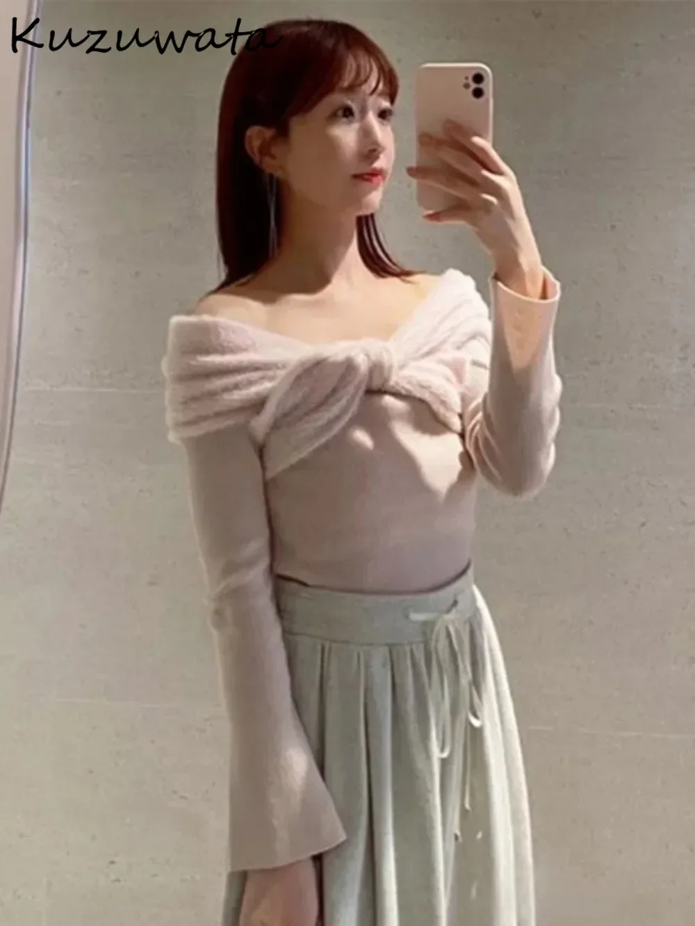 Kuzuwata Gentle Office Lady Slash Neck Flare Sleeve Knit Top Sweet Kink Lace Up Halter Jumper Japan Off Shoulder Luxury Sweaters