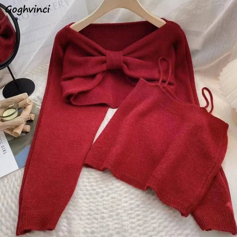 Women Sweaters Two Piece Sets Korean Style Tender Sweet Folds Autumn Long Sleeve Knitwear Crop Tops Simple Fashionable Camisoles