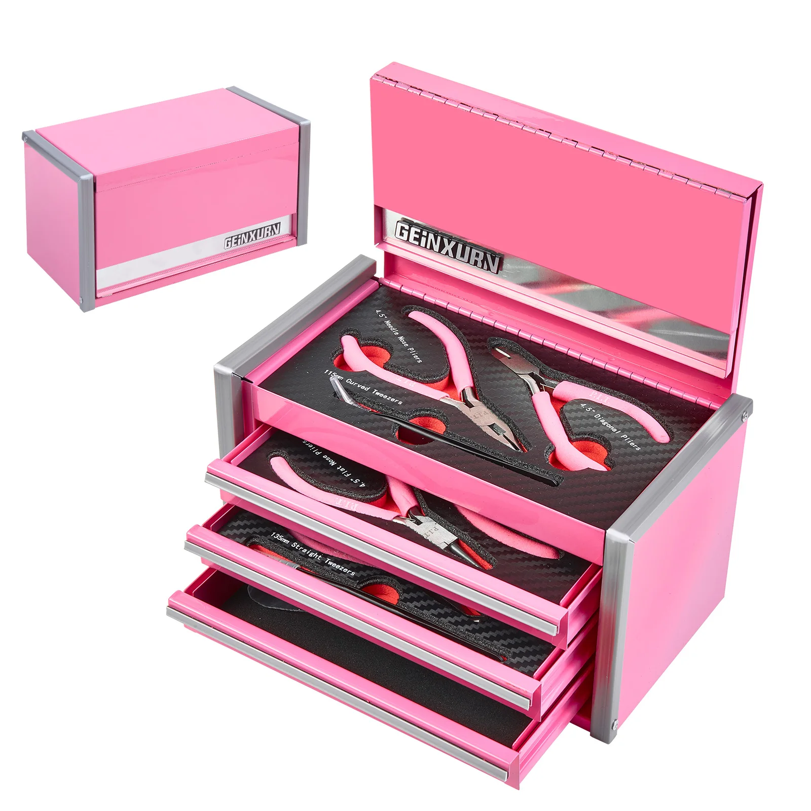 

Набор для ремонта ювелирных изделий с 6 розовыми плоскогубцами 4,5 дюйма включает в себя шкаф для инструментов