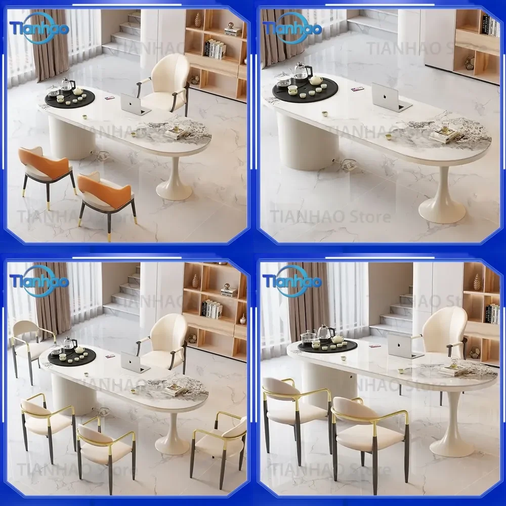 Cream Style Modern Simple Reception Table Chair Set for Household Rock Slab Tea Table Balcony Beauty Salon Use