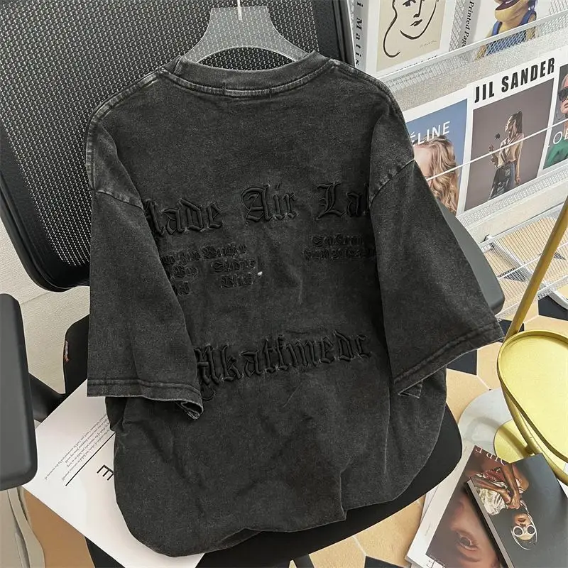 Vintage Art Classic Letter Embroidery Women's T-shirt Plus Size American High-street Chic Top 2024 New Summer Cotton Washed Tee