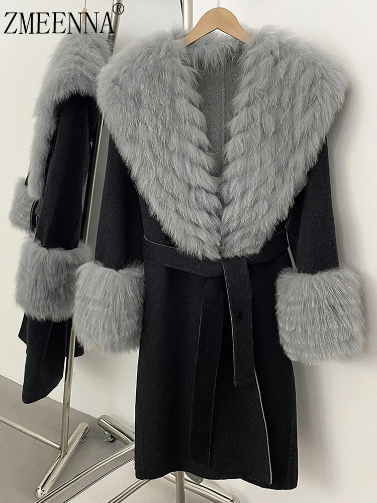

ZMEENNA Black Wool Blend Long Coat For Women With Faux Fur Collar And Cuffs Elegant Winter Outerwear Warm Jacket ZM4038