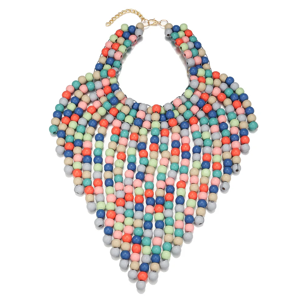 African Women\'s Jewelry Accessories  Patterned Colorful Wooden beads Triangular Scarf Design Tassel Shawl Chain Collar Necklace