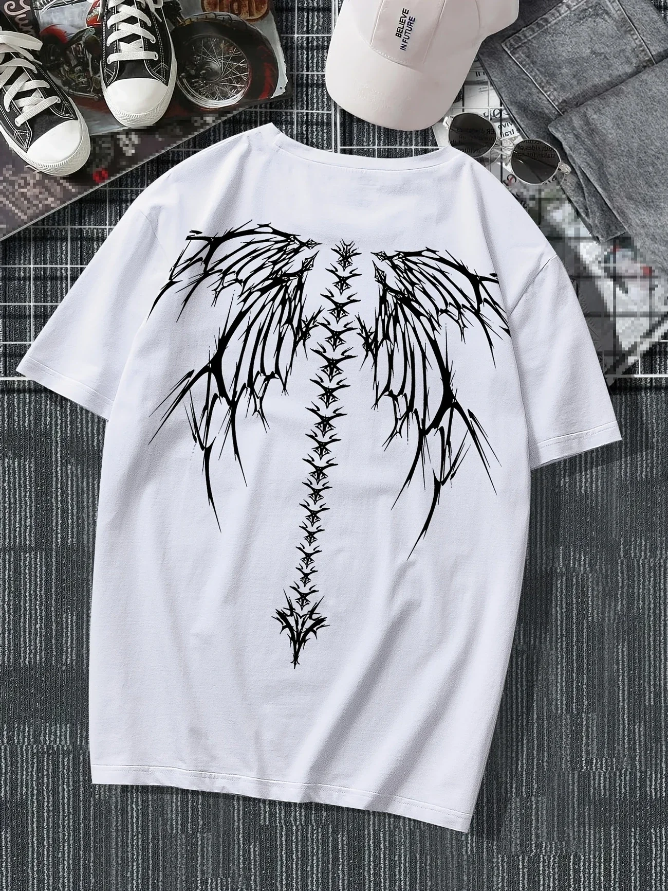 تي شيرت رجالي برقبة دائرية مطبوع عليه جناح العمود الفقري، تي شيرت صيفي رياضي خارجي بأكمام قصيرة كاجوال وأنيق #2