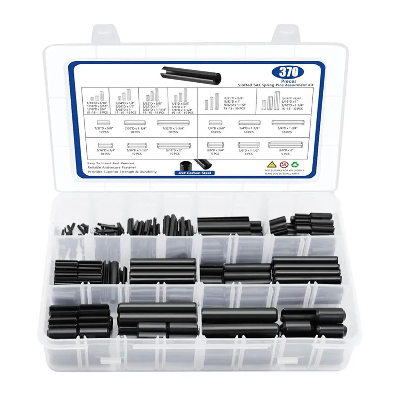 370Pcs Imperial Black Spring Steel Coiled Split Pins Assortment Kit, Straight Slot Bushings Boxed Fasteners