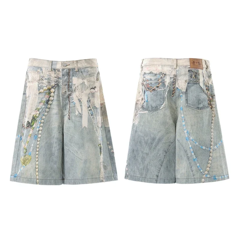 3D Candy Chain Print Baggy Jeans Shorts for Men Streetwear Summer Wide Leg Patchwork Casual Loose Knee Length Pants Oversized