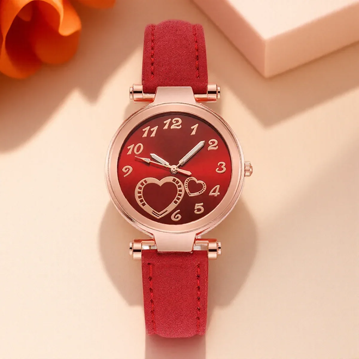 

Женские модные часы с персиковым сердечком, кварцевые часы для женщин, матовый кожаный ремешок, женские наручные часы, повседневные деловые часы, подарок для нее