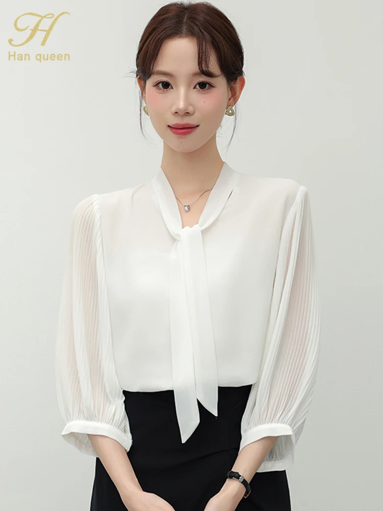 

H Han Queen Women Spring Autumn Blouses Elegant Shirts Lady Casual Long Sleeve Bow Tie Collar Blusas Loose Tops