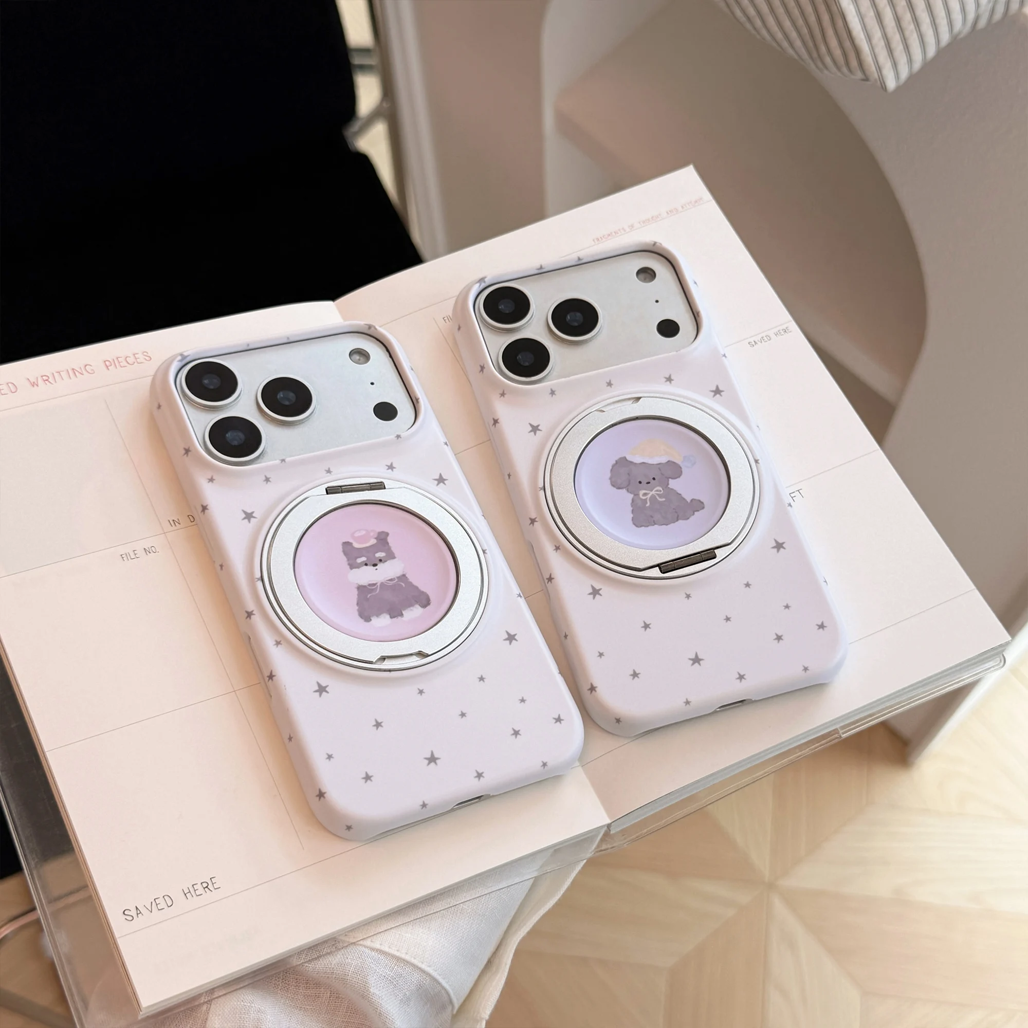 Cute Purple Pink Puppy Star Pattern White Matte Cover Case For iPhone 17 16 15 14 13 Pro Max with 360° Rotation Holder view 2