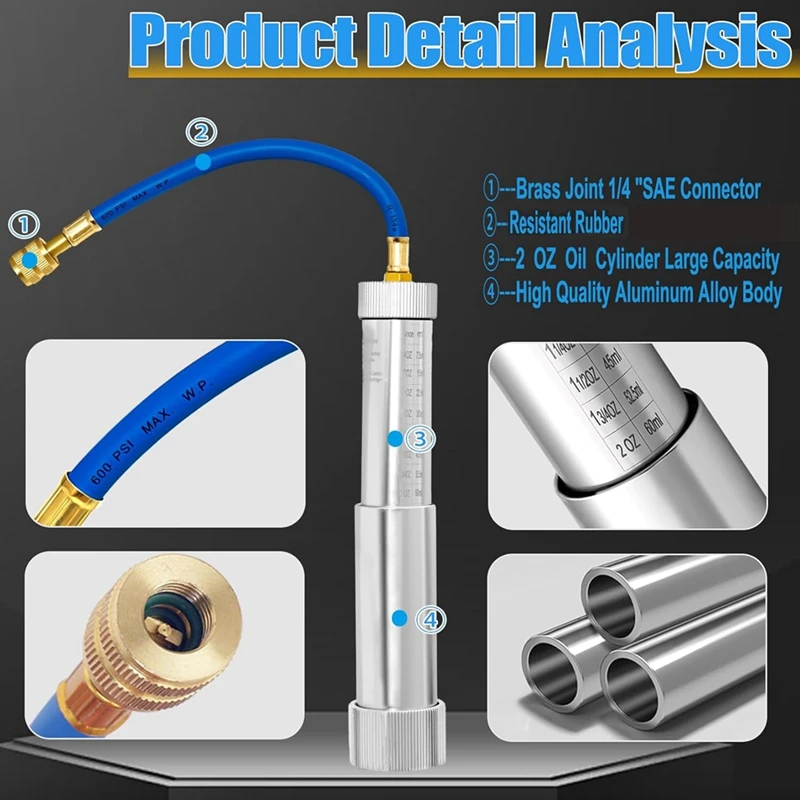 AC Oil Dye Injector Backflow Prevent Kit, With R134A & R1234YF Low Side Quick Coupler, R410A Mini Split Adapter