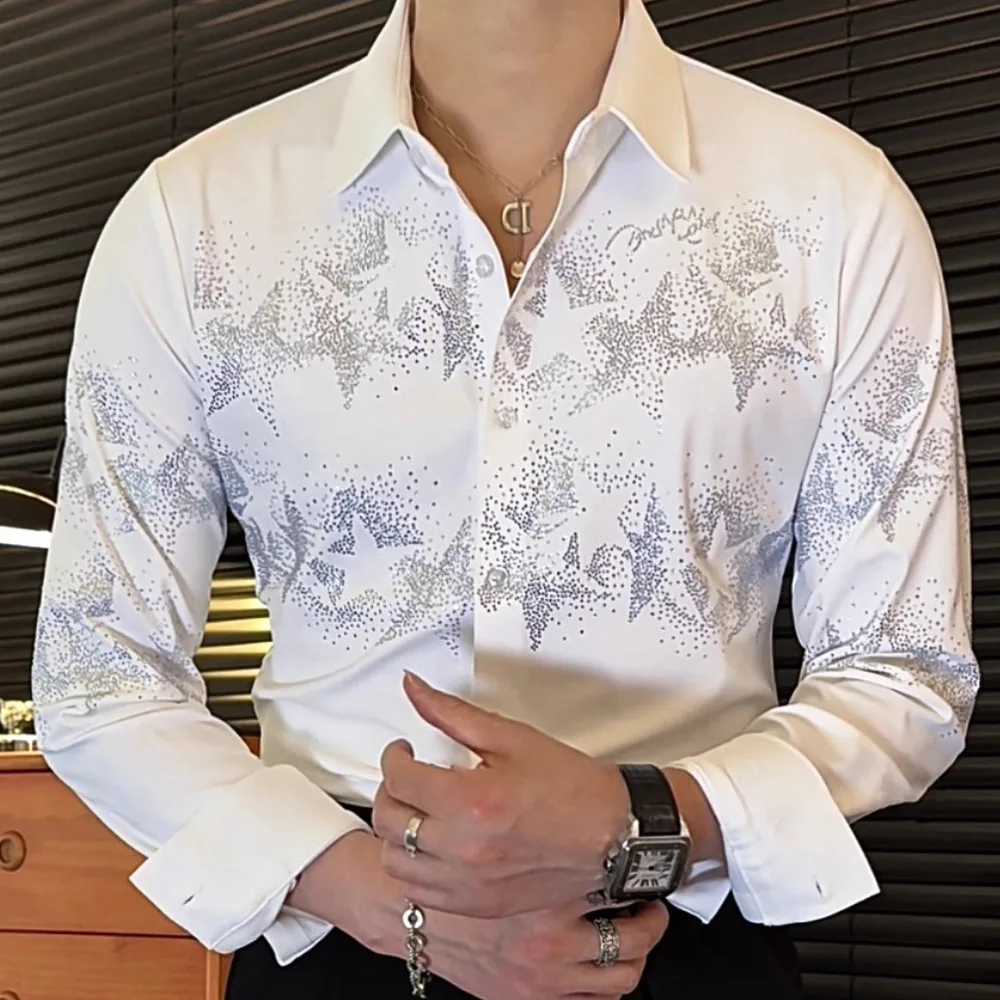 

Korean Style Flower Shirt Men Versatile Top Quality Fashion Hot Diamond Print Shirt Men Suited Rhinestone Long Sleeve Shirt