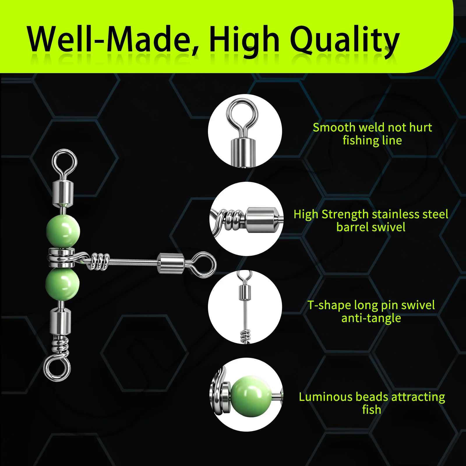 9KM 3 Way Swivel with Luminous Beads T-Shape Swivel Stainless Steel Heavy Duty Swivel for Bottom Dropper Rigs Saltwater Fishing