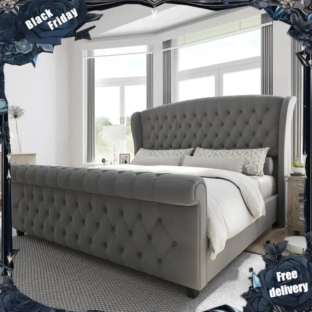 Platform Bed Frame, Velvet Upholstered Sleigh Bed with Scroll Wingback Headboard & Footboard/Button Tufted