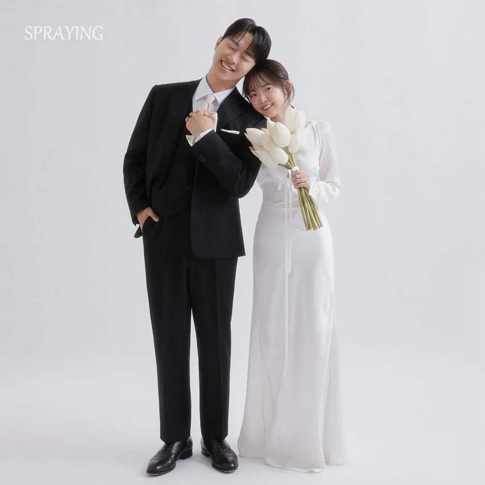 

SPRAYING Elegant Ivory Satin Wedding Dress Korea Photo Shoot O Neck Long Sleeves Mermaid Long Bridal Gowns Customized 웨딩드레스