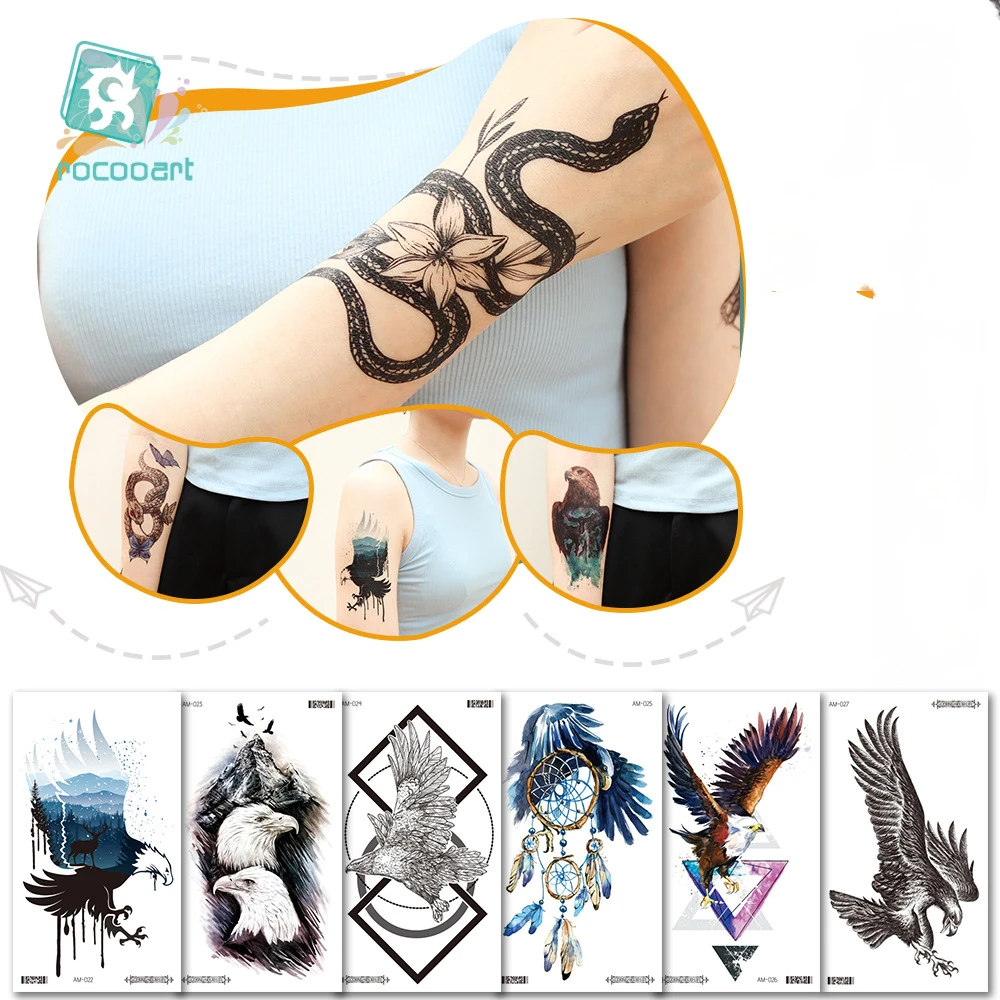 

New Waterproof Sweat Flower Arm Tattoo Patch Personalized Fashion Snake Eagle Temporary Tattoos Sticker Size:160 * 90mm