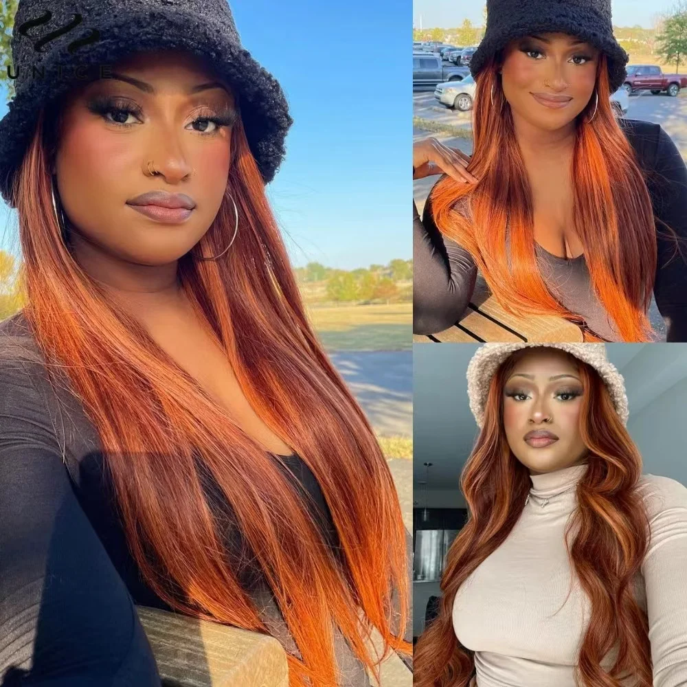 

4/350 Highlight 13x4 Straight Lace Frontal Wigs Human Hair Ginger Orange Brown Colored 13x4 Lace Front Wig For Women Pre Plucked