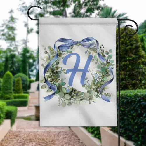 Personalized Blue Bow Wreath Double-sided Flag, Family Crest Initial Name Flag