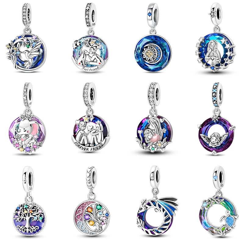 

100% 925 Sterling Silver Blue Crystal Life Tree Angel Star Moon Pendants Charms Fit Qikaola 925 Original Bracelets DIY Jewelry