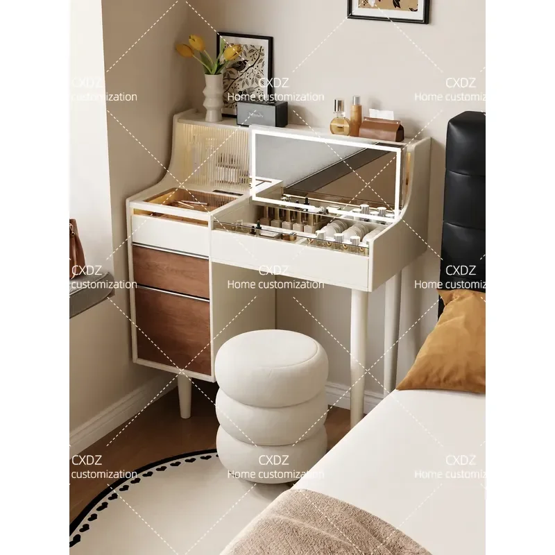 Warm White Solid Wood Dresser Makeup Table with Flip Top Bedroom Light Luxury Desk Storage Chest Integrated Vanity