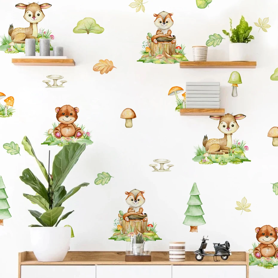 

Woodland Animal Cartoon Bears Deers Trees Wall Sticker Nursery Vinyl Children's Wall Art Decals for Baby Kids Room Home Decor