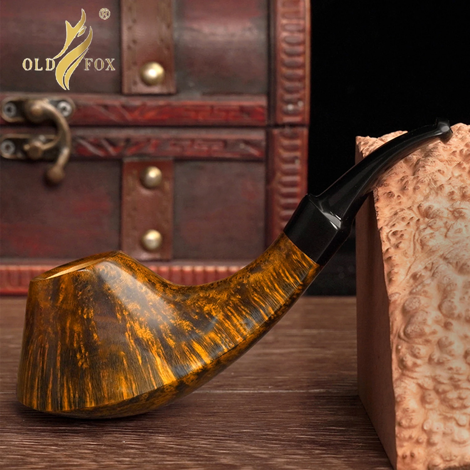 OLDFOX Briarwood Tobacco Pipe Volcano Shape Hand Carved Classic Smoking Pipe Bent Stem 3mm Airway Collectible Father's Day Gift
