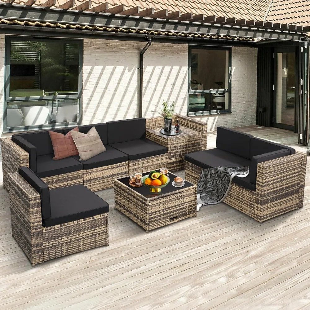 Outdoor Wicker Rattan Patio Furniture Sectional Set, Glass Top Table with Hidden Storage,  Natural Color Rattan with Cushion