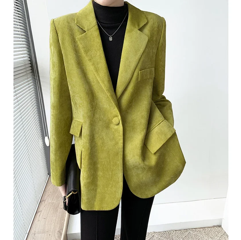 Green Corduroy Suit Jacket Women Spring Aututmn 2024 New Winter Korean Oversized Blazer Jacket Chic Solid Outwear Blaser