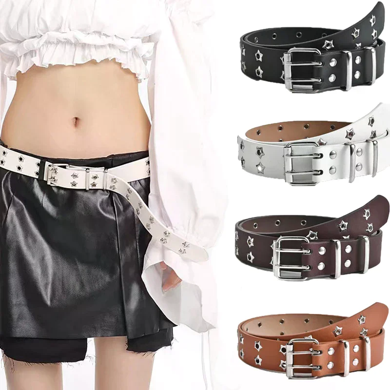 Fashion Men Women Punk Style Chain Belt Adjustable Hollow Star Double Breasted Buckle Metal Buckle Leather Jeans Waistband